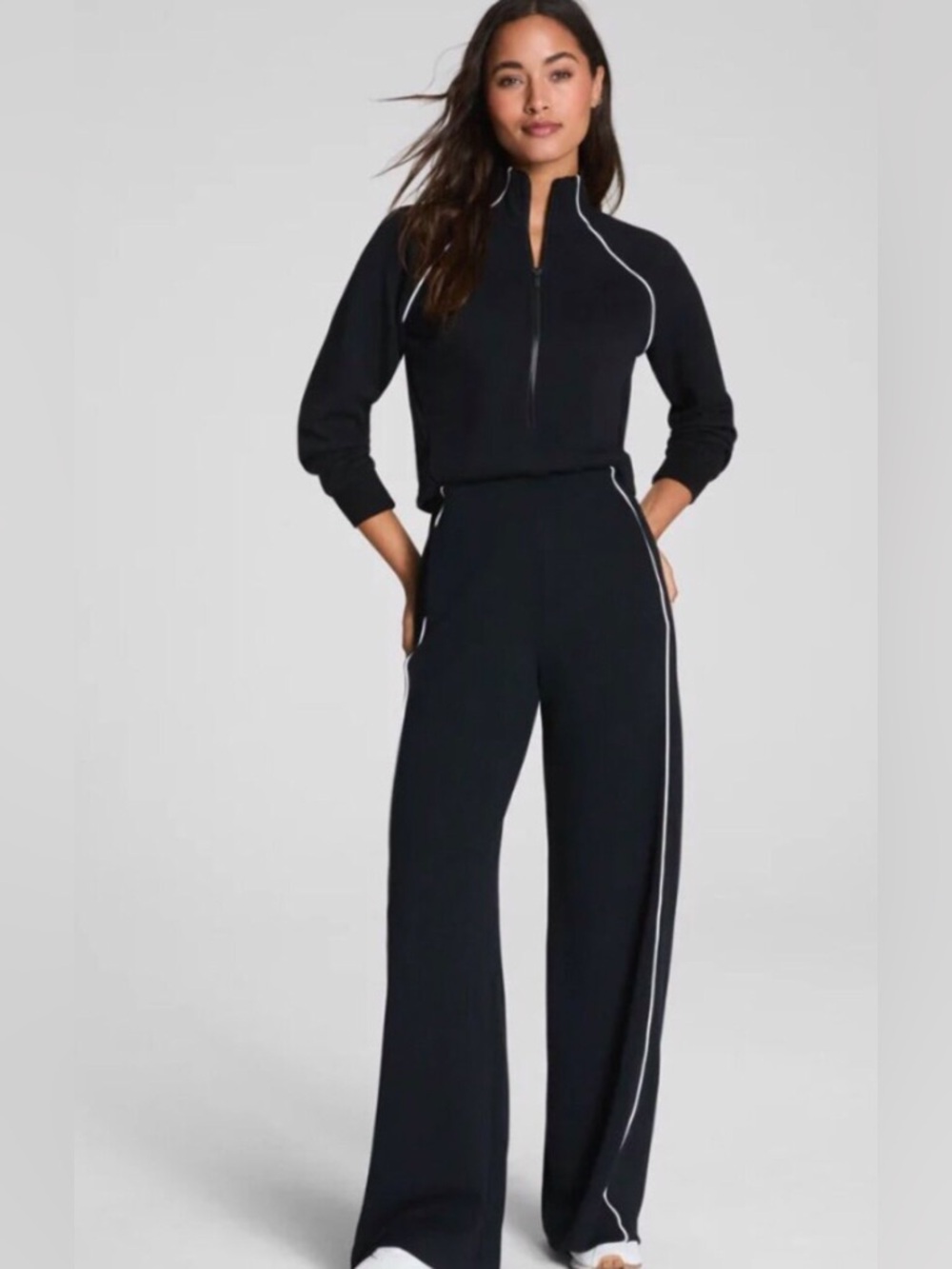SPANX airpique longsleeve wide leg jumpsuit black with white piping detail NWT M